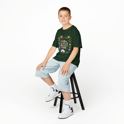 UNISEX Kids Tee — "God Is So Much Bigger Than" Colorful Faith Graphic