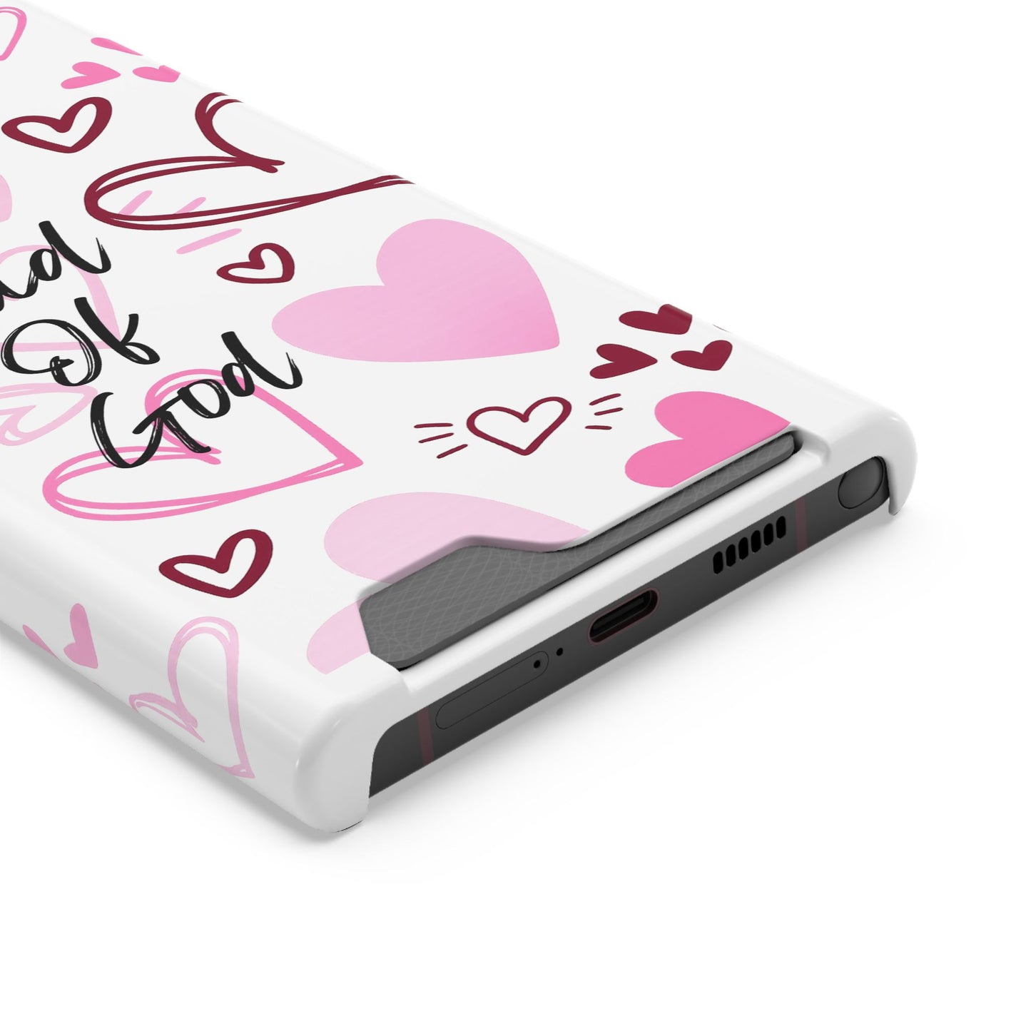 Phone Case — "Child of God" Card Holder Case, Pink Hearts Christian Phone Cover