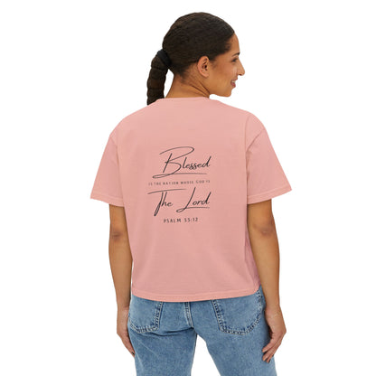 Blessed Tee — Women’s Boxy Christian T-Shirt with Flag Cross (Psalm 33:12)