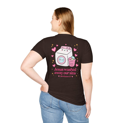 Christian T-Shirt – “Jesus Washed Away Our Sins” Cute Washing Machine Design