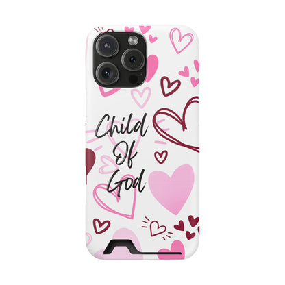 Phone Case — "Child of God" Card Holder Case, Pink Hearts Christian Phone Cover