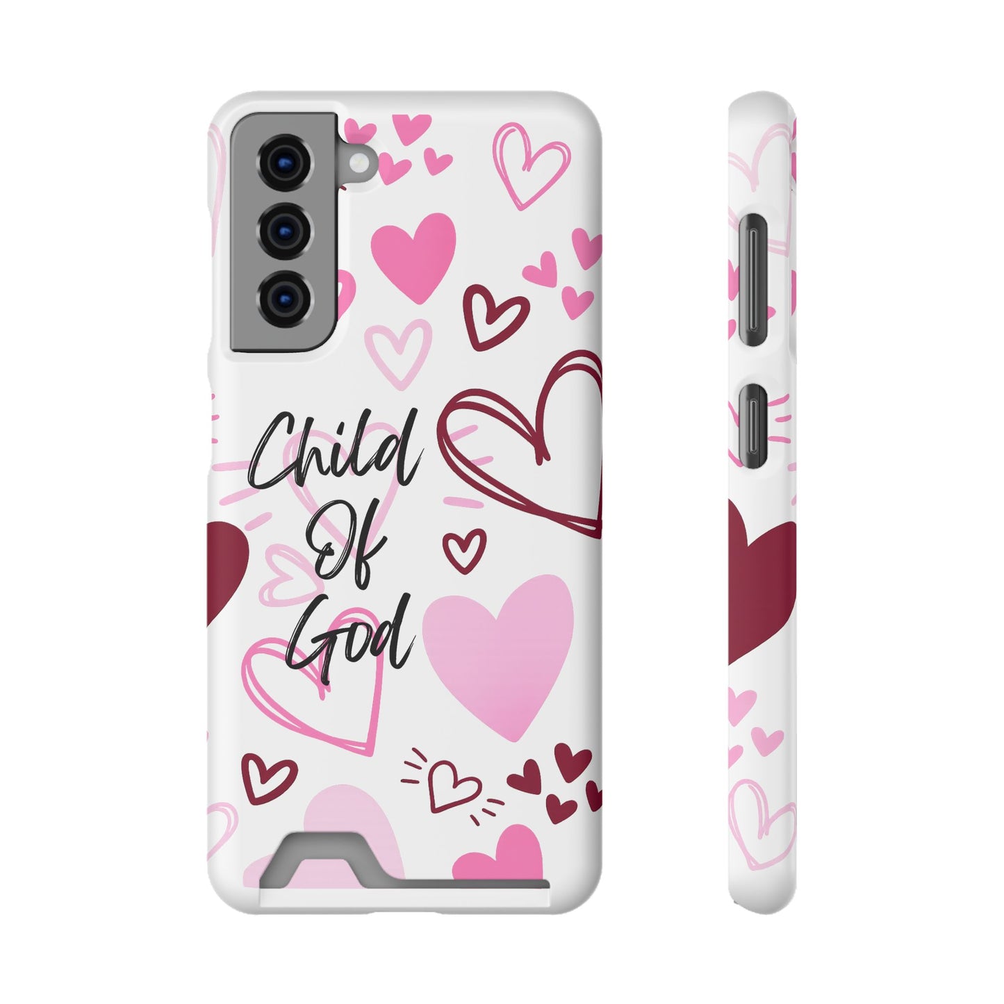 Phone Case — "Child of God" Card Holder Case, Pink Hearts Christian Phone Cover