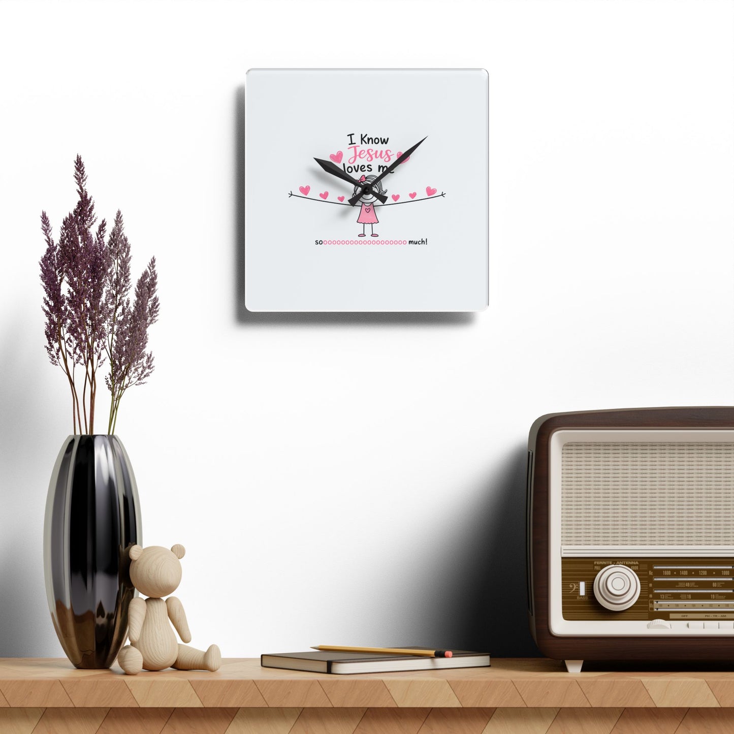 Acrylic Wall Clock — "I Know Jesus Loves Me" Cute Pink Faith Kids' Wall Clock