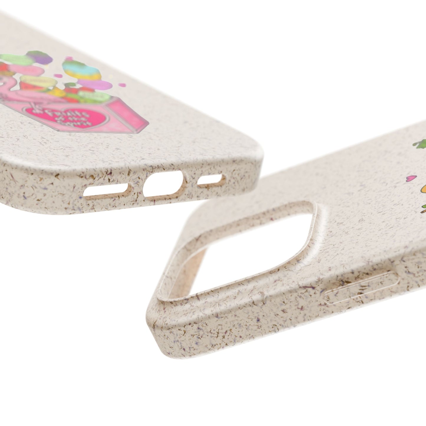 Biodegradable Phone Case — Cute Flamingo & Fruit Hearts "Fruity Love" Eco-Friendly iPhone Cover