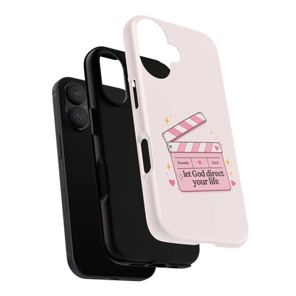 Pink Christian Phone Case — "Let God Direct Your Life" Cute Movie Clapper Design