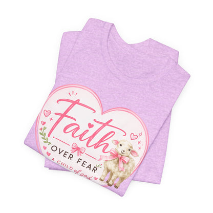 Faith Over Fear Heart T‑Shirt — Pink Floral Lamb Christian Tee
