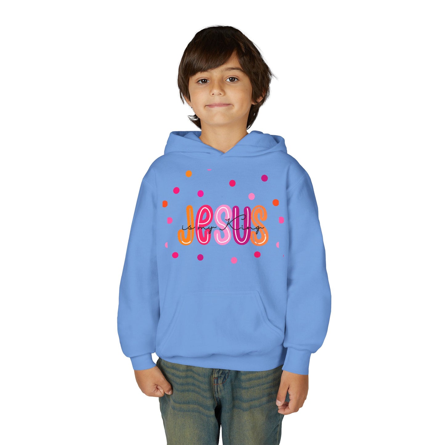 Youth Hoodie — “Jesus” Colorful Polka Dot Christian Pullover