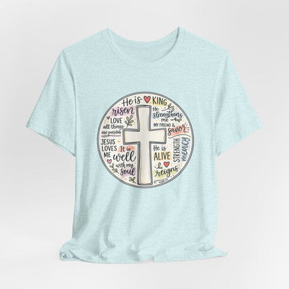 Christian Cross Faith T-Shirt — He Is Risen Inspirational Graphic Tee