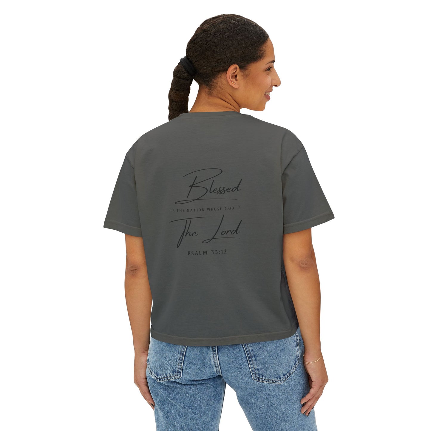 Blessed Tee — Women’s Boxy Christian T-Shirt with Flag Cross (Psalm 33:12)
