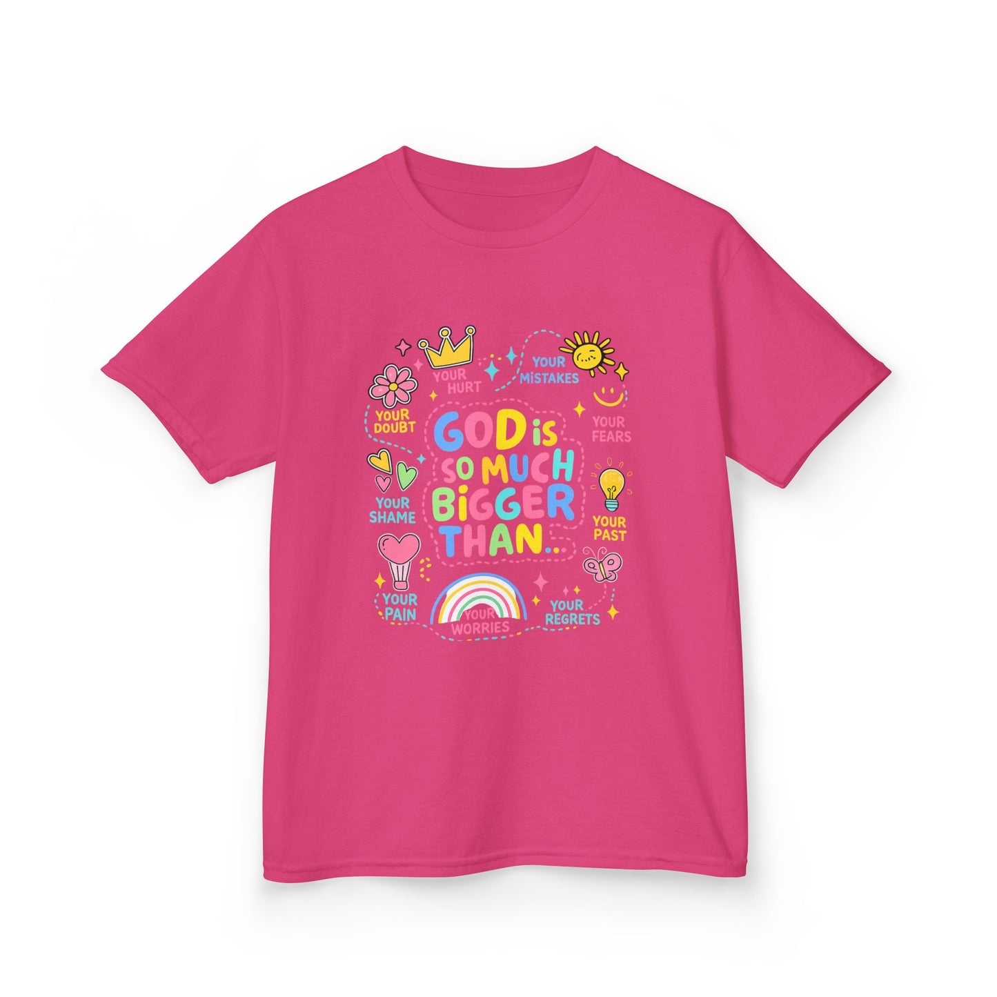 UNISEX Kids Tee — "God Is So Much Bigger Than" Colorful Faith Graphic
