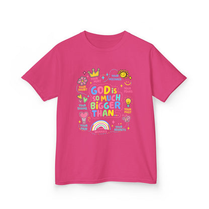 UNISEX Kids Tee — "God Is So Much Bigger Than" Colorful Faith Graphic