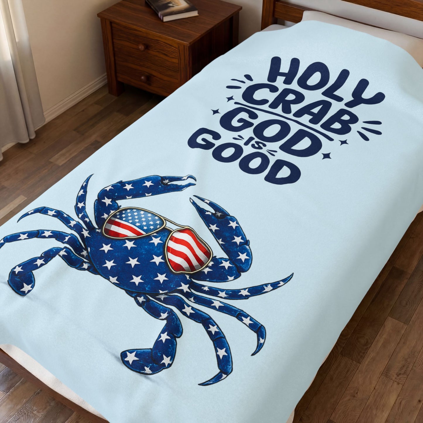Velveteen Plush Blanket - "Holy Crab God Is Good" Patriotic Crab Throw (4th of July, Coastal Beach Gift)