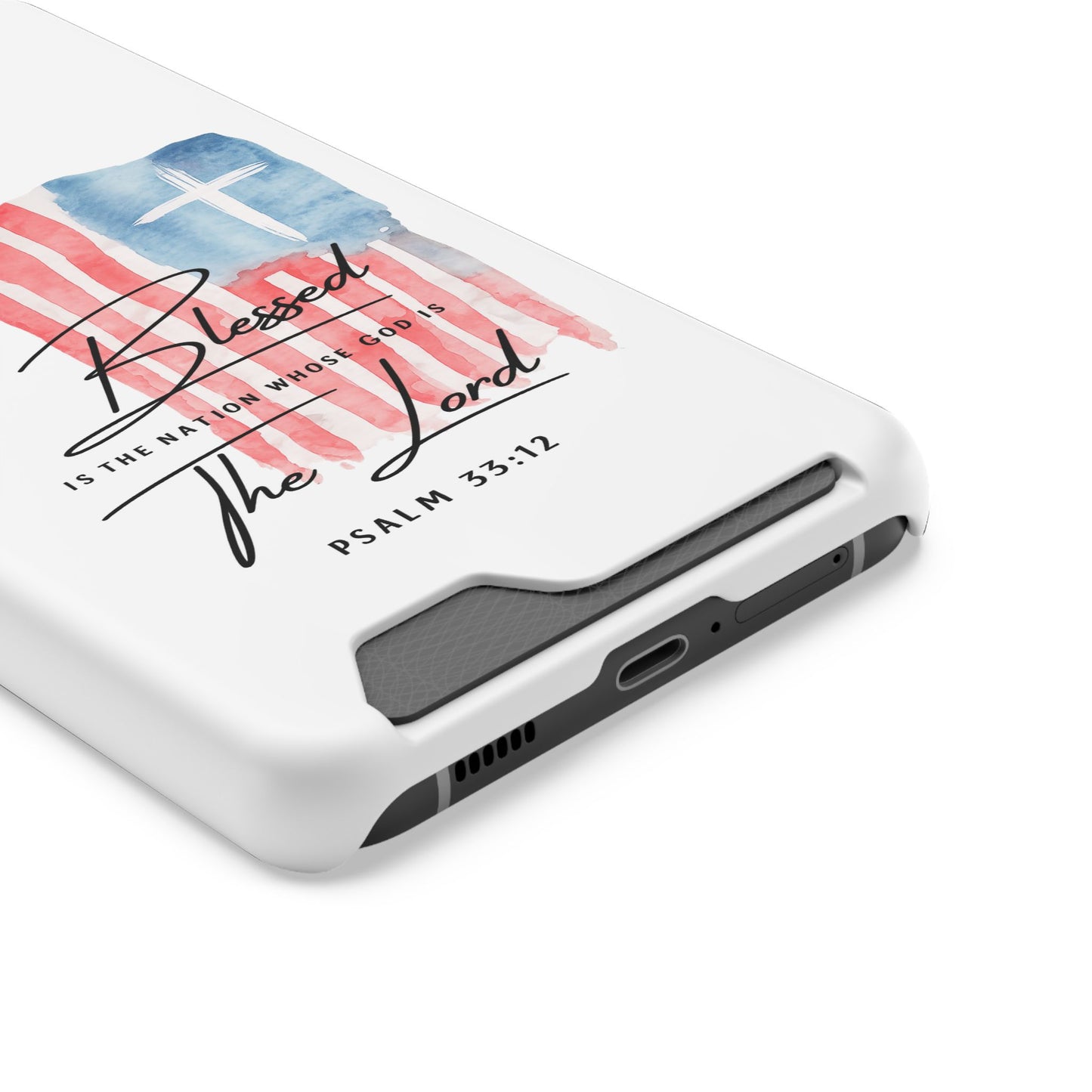 Christian Phone Case with Card Holder — "Blessed The Lord" Psalm 33:12 Patriotic Cross Design