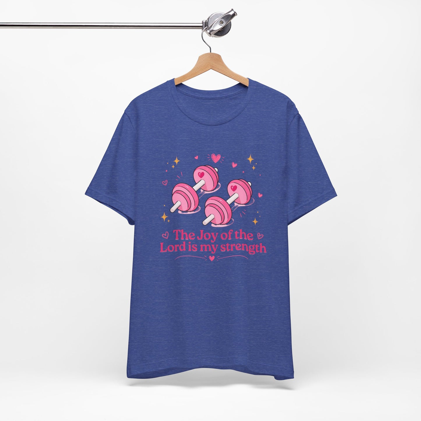 Christian Fitness T-Shirt — “The Joy of the Lord is My Strength” Pink Dumbbells Tee