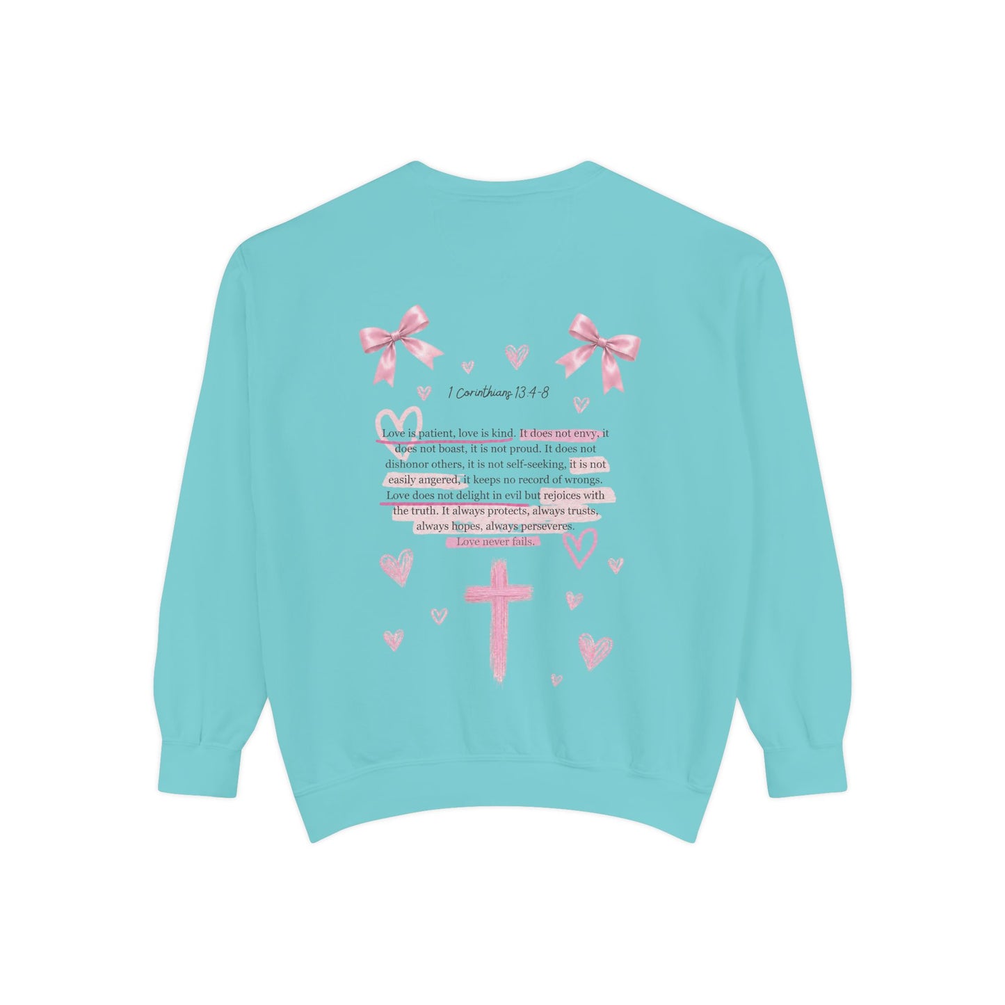Christian Cross Sweatshirt — Pink Faith Message Garment-Dyed Crewneck