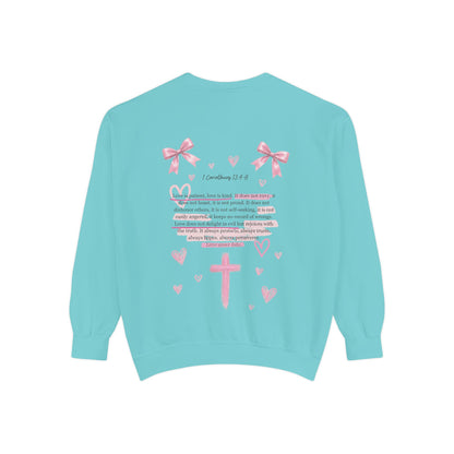 Christian Cross Sweatshirt — Pink Faith Message Garment-Dyed Crewneck