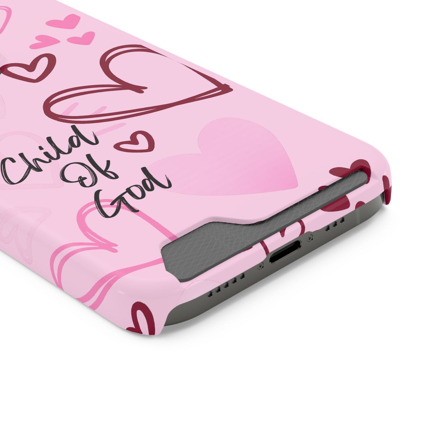 Pink "Child of God" Phone Card Case — Heart Pattern Religious Phone Case with Card Holder