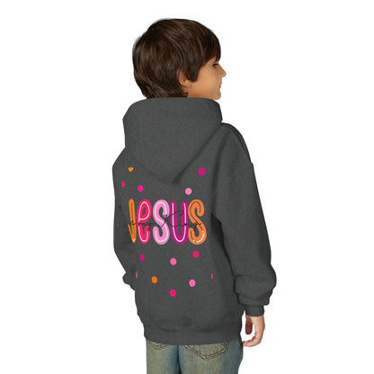 Youth Hoodie — “Jesus” Colorful Polka Dot Christian Pullover
