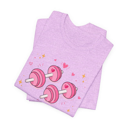 Christian Fitness T-Shirt — “The Joy of the Lord is My Strength” Pink Dumbbells Tee