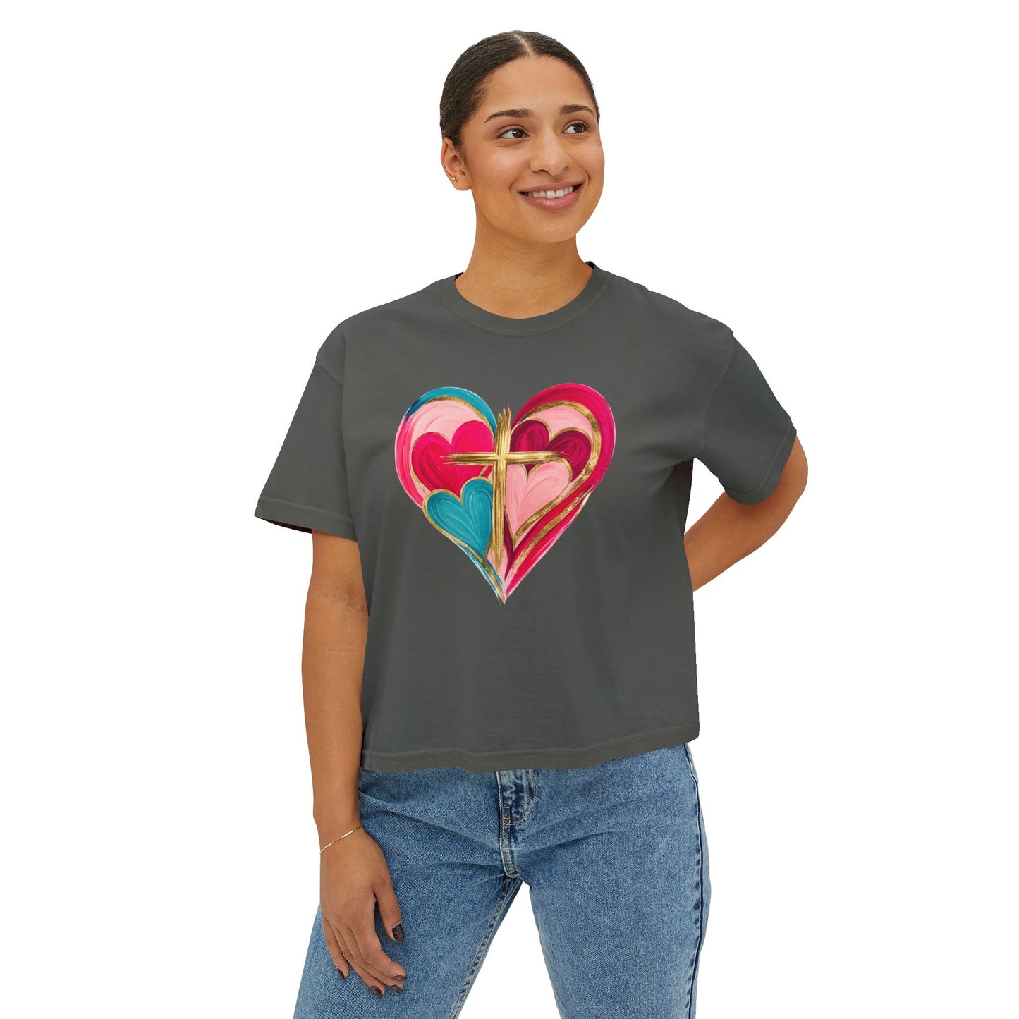 Heart Cross Women's Boxy Tee — Colorful Watercolor Heart Graphic