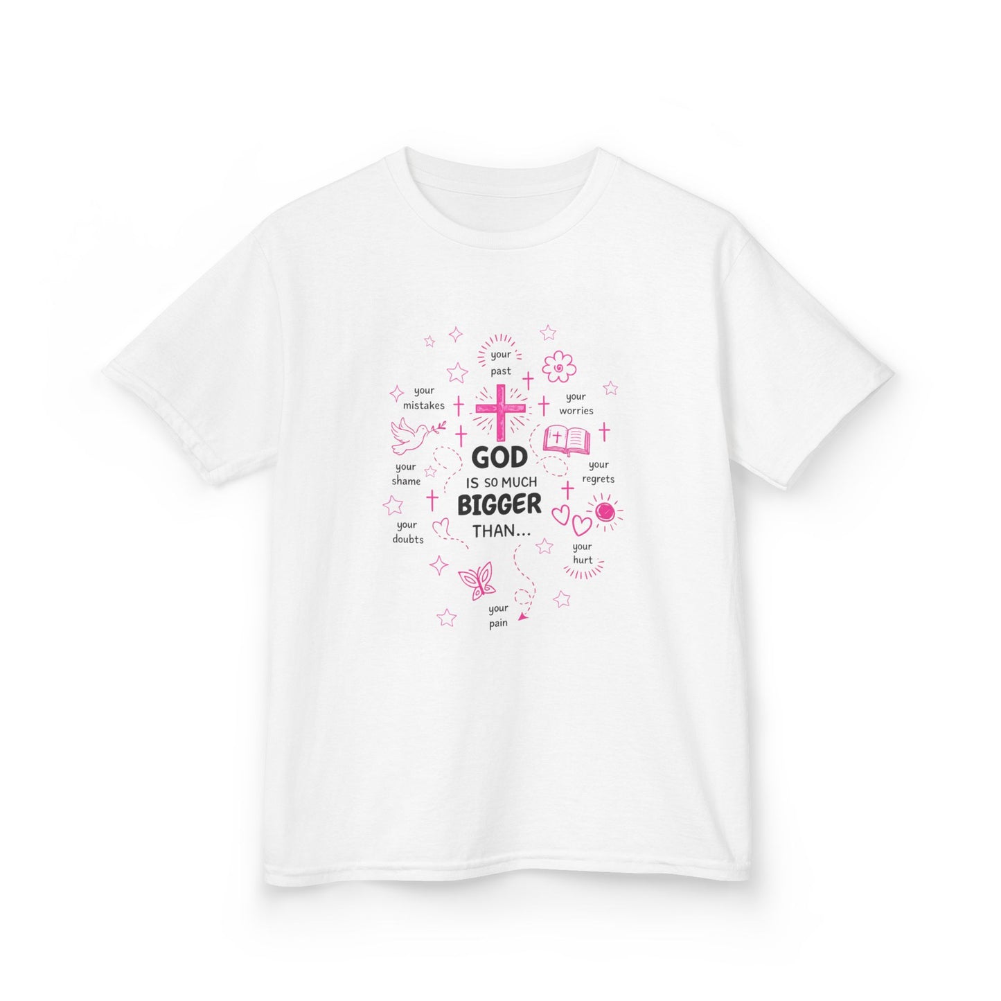 Kids T-Shirt — "God Is Bigger Than" Pink Faith Graphic Tee