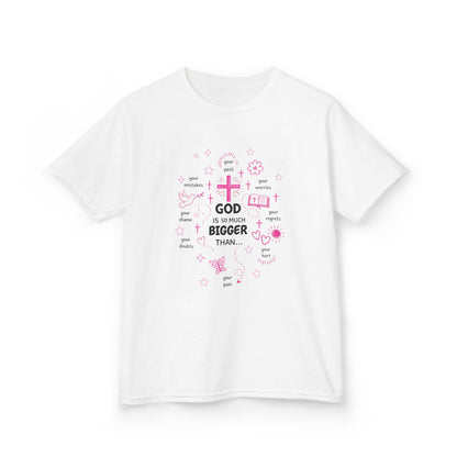 Kids T-Shirt — "God Is Bigger Than" Pink Faith Graphic Tee
