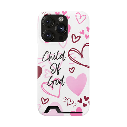 Phone Case — "Child of God" Card Holder Case, Pink Hearts Christian Phone Cover