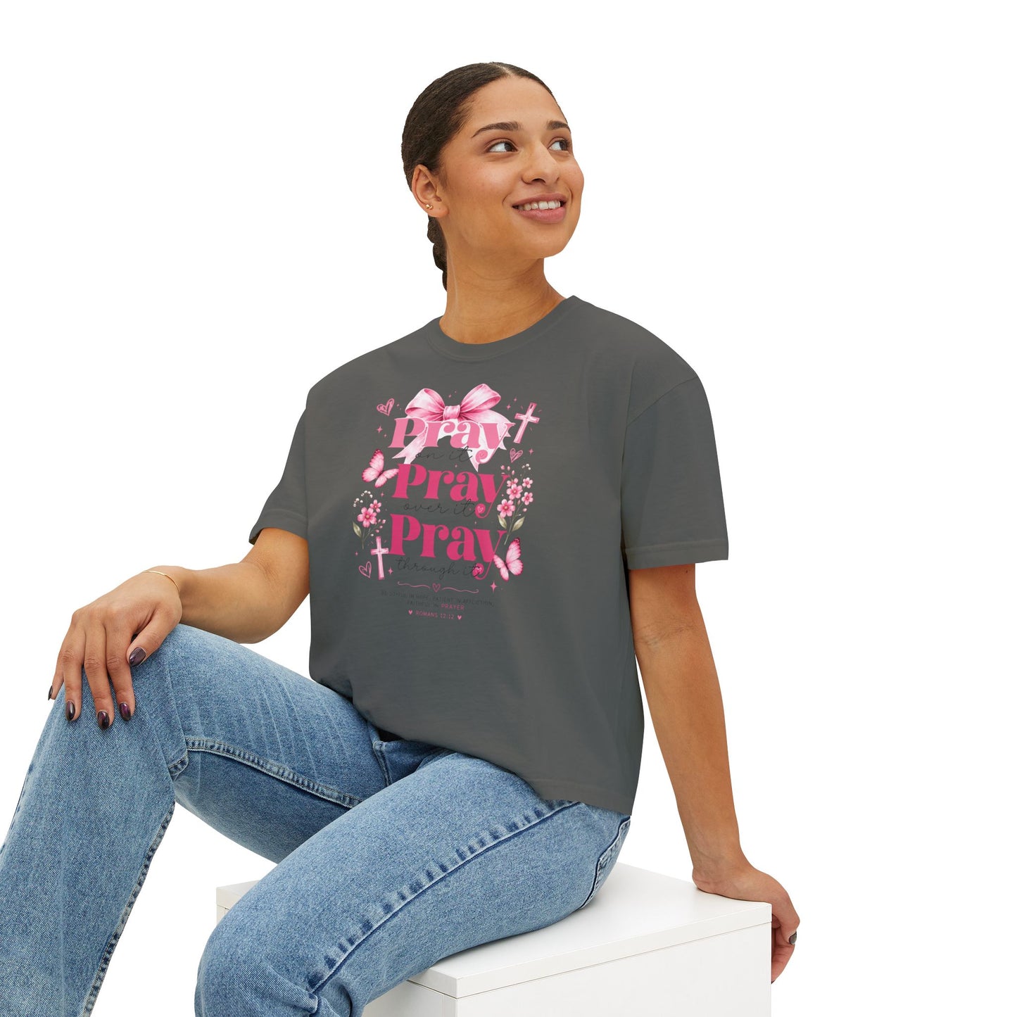 Pray Pray Pray Women's Boxy Tee — Pink Faith Floral Graphic