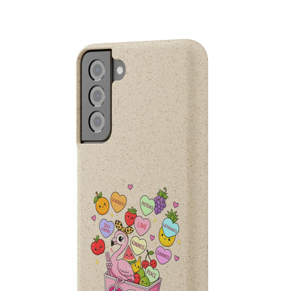 Biodegradable Phone Case — Cute Flamingo & Fruit Hearts "Fruity Love" Eco-Friendly iPhone Cover