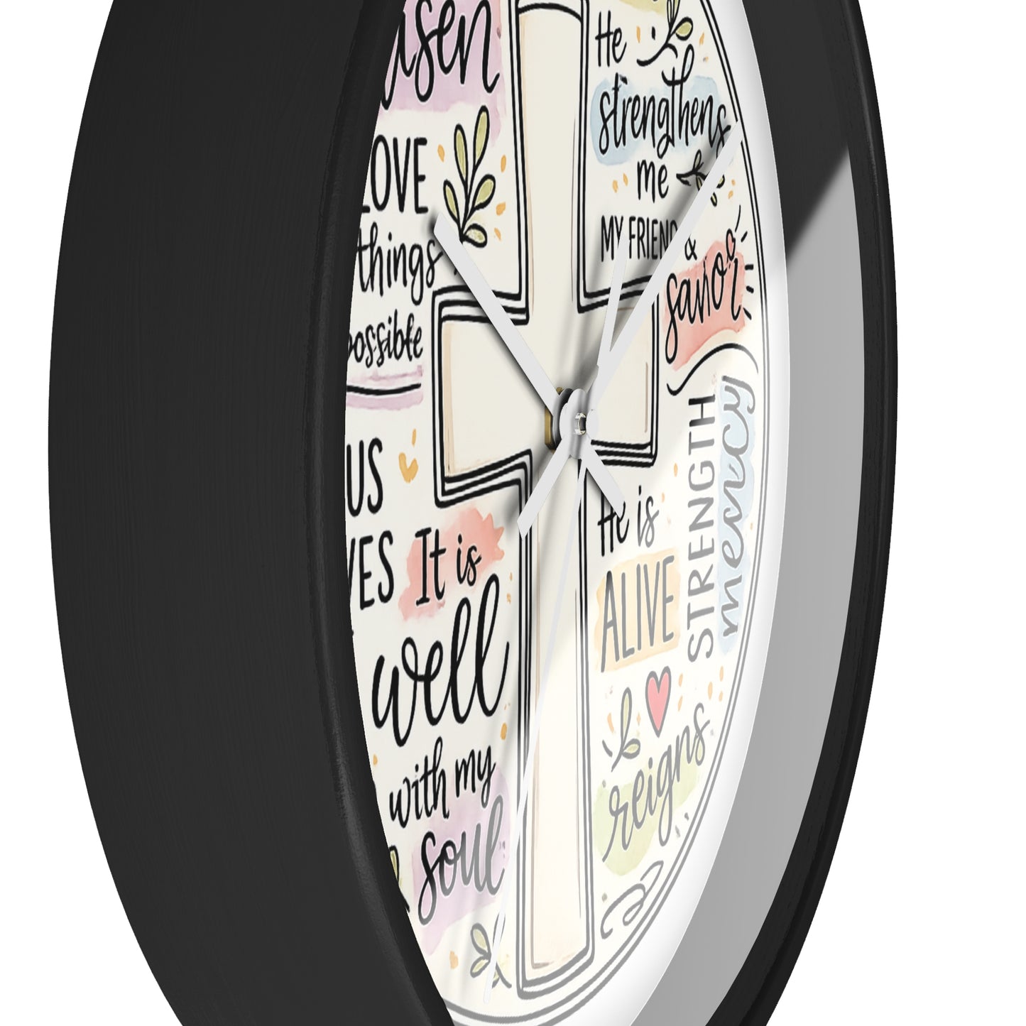 Christian Cross Wall Clock — Inspirational Scripture Quote Home Decor (He is Risen • It Is Well • Jesus Loves Me)