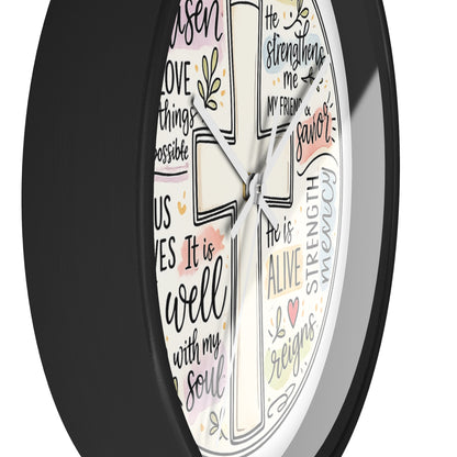 Christian Cross Wall Clock — Inspirational Scripture Quote Home Decor (He is Risen • It Is Well • Jesus Loves Me)