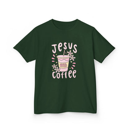 Kids Tee — “Jesus & Coffee” Cute Pastel Faith Graphic