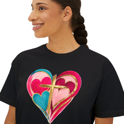 Heart Cross Women's Boxy Tee — Colorful Watercolor Heart Graphic