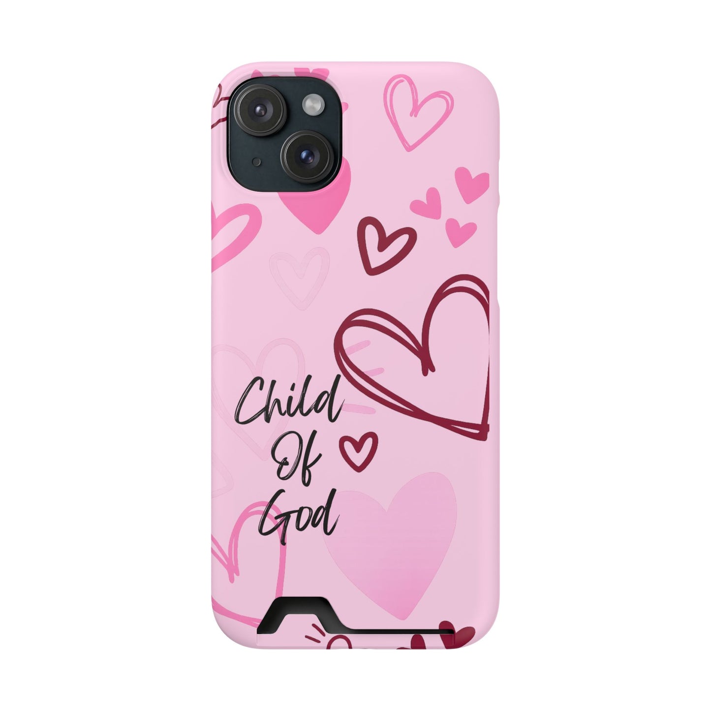 Pink "Child of God" Phone Card Case — Heart Pattern Religious Phone Case with Card Holder