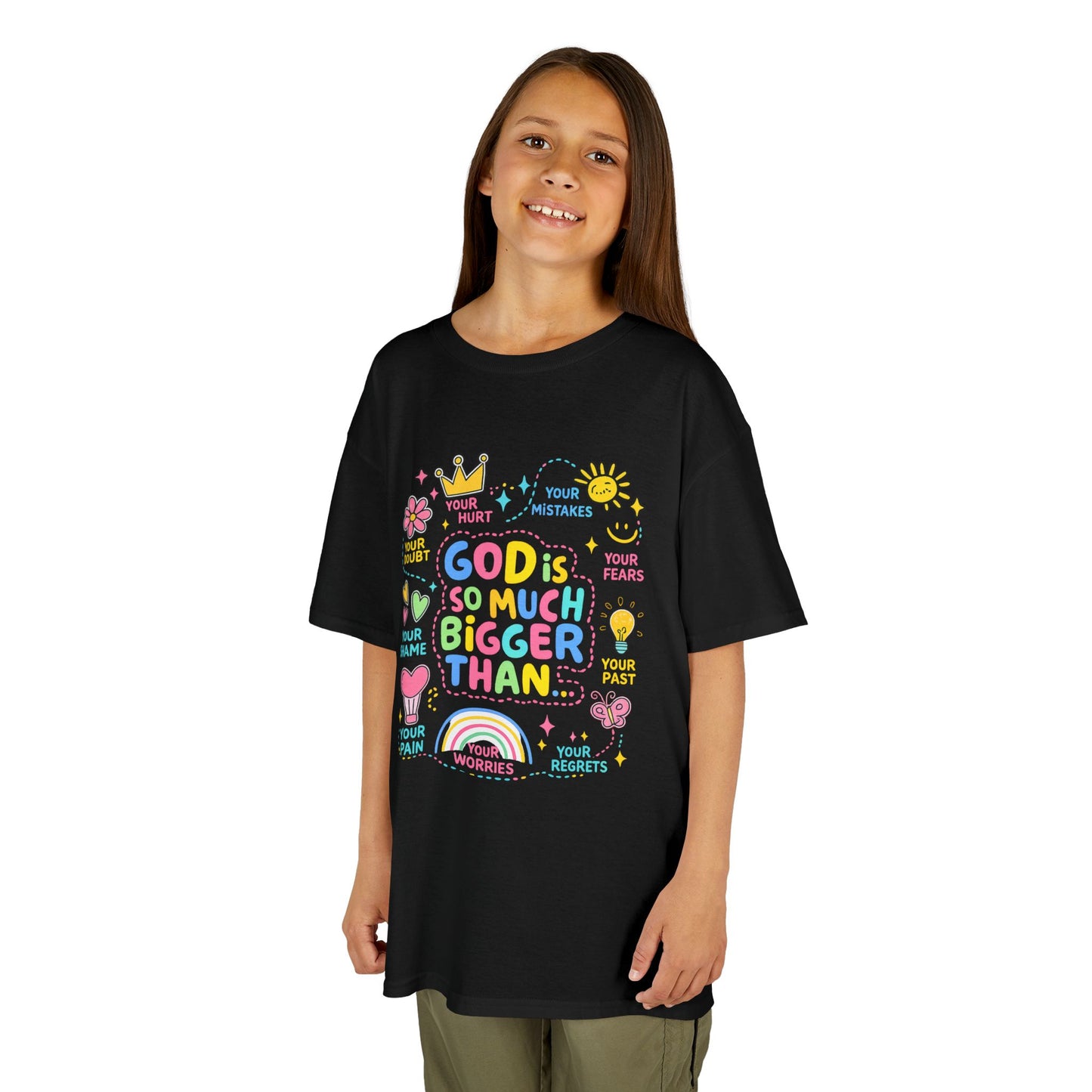 UNISEX Kids Tee — "God Is So Much Bigger Than" Colorful Faith Graphic