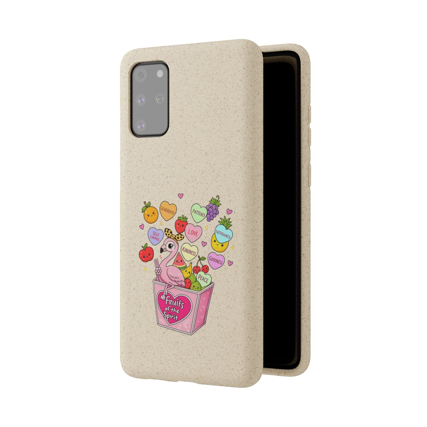 Biodegradable Phone Case — Cute Flamingo & Fruit Hearts "Fruity Love" Eco-Friendly iPhone Cover