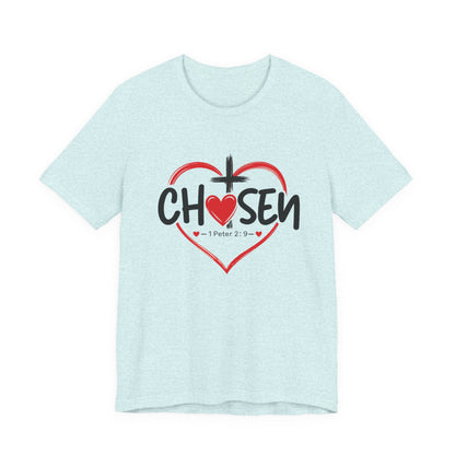 Chosen Heart Christian T-Shirt — "Chosen" with Cross & 1 Peter 2:9 Faith Tee