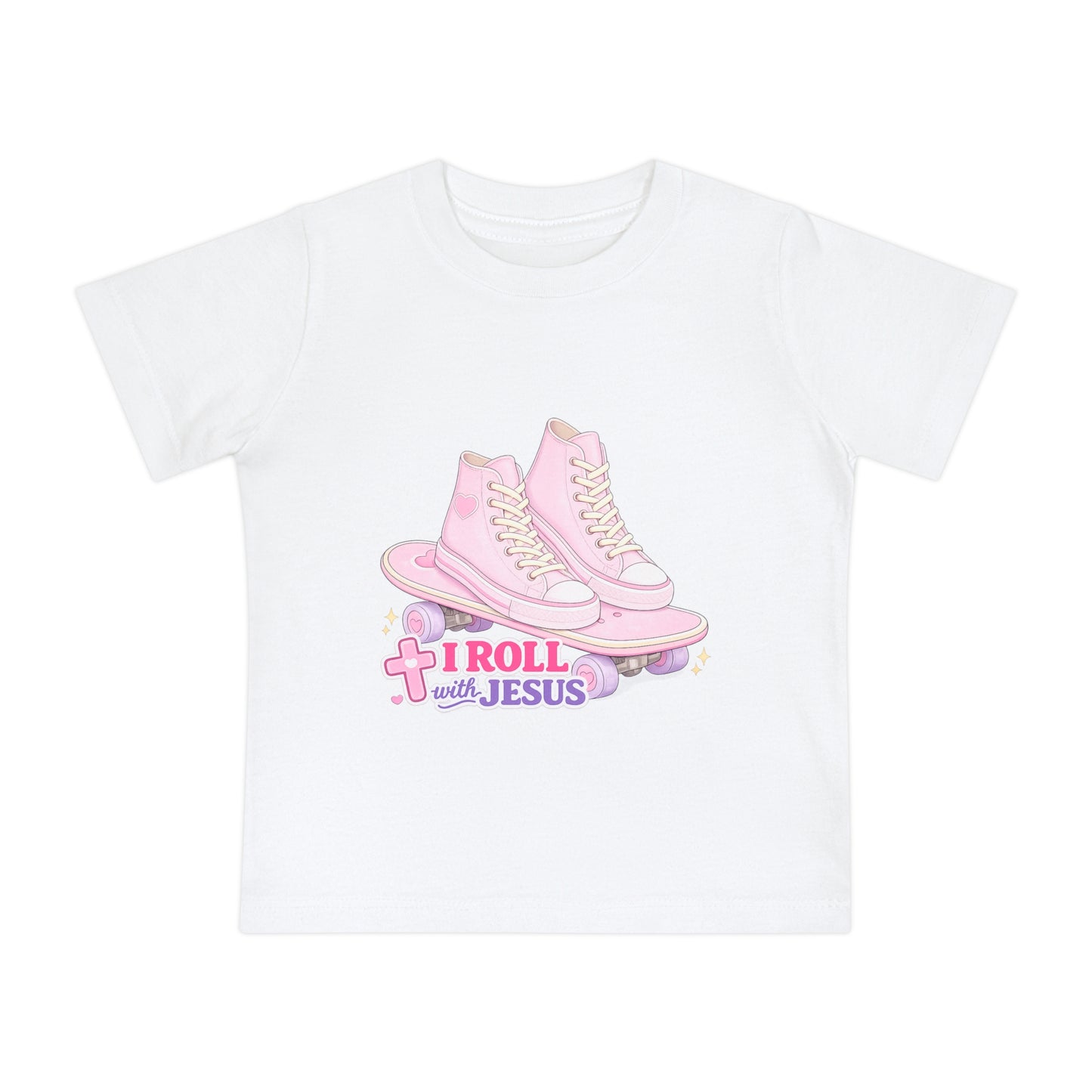 Baby T-Shirt — Pink Roller Skates "I Roll with Jesus" | Christian Infant Tee