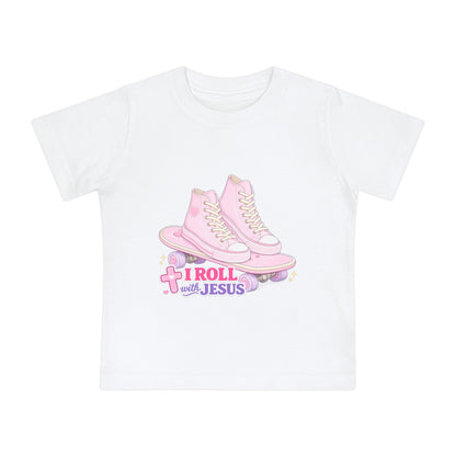 Baby T-Shirt — Pink Roller Skates "I Roll with Jesus" | Christian Infant Tee