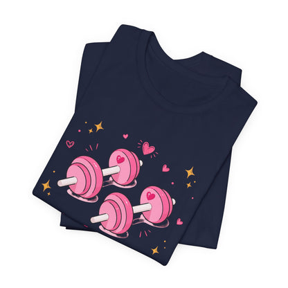 Christian Fitness T-Shirt — “The Joy of the Lord is My Strength” Pink Dumbbells Tee