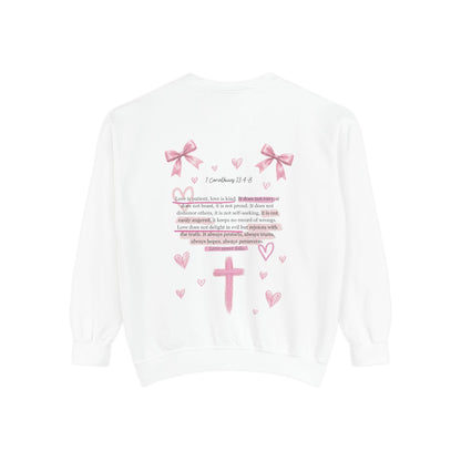 Christian Cross Sweatshirt — Pink Faith Message Garment-Dyed Crewneck