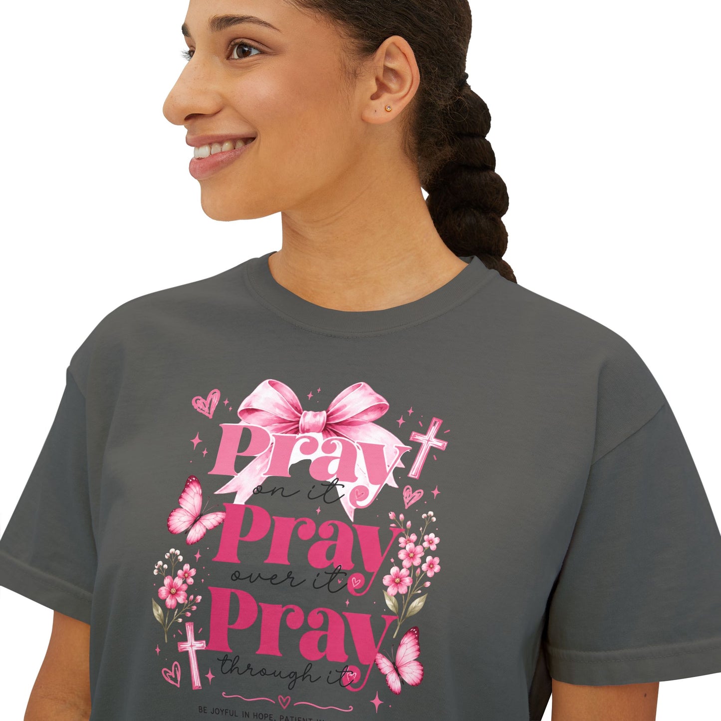 Pray Pray Pray Women's Boxy Tee — Pink Faith Floral Graphic