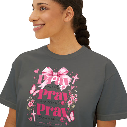 Pray Pray Pray Women's Boxy Tee — Pink Faith Floral Graphic
