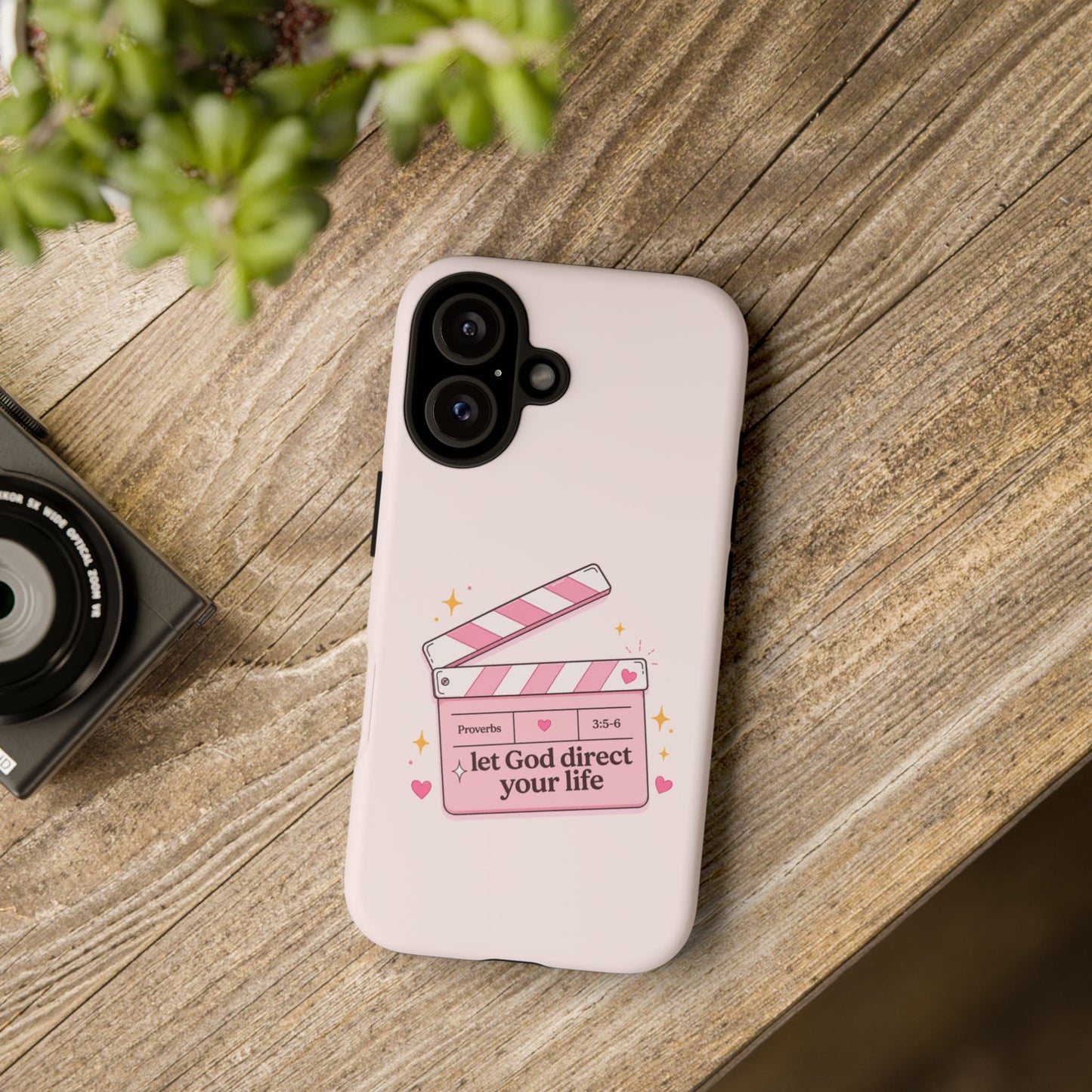 Pink Christian Phone Case — "Let God Direct Your Life" Cute Movie Clapper Design