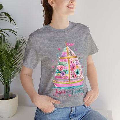 Jesus Is My Captain Floral Sailboat T-Shirt