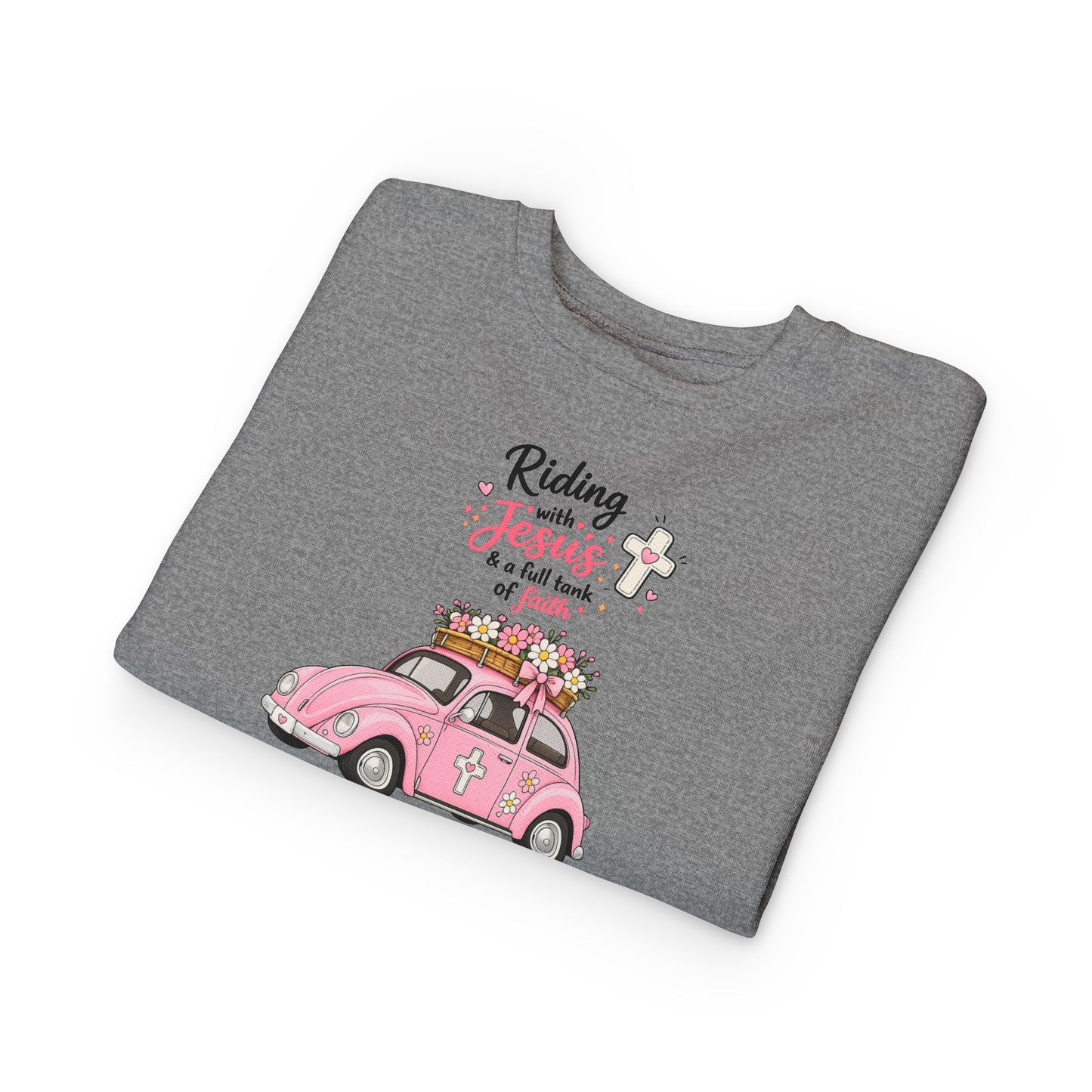 Toddler Sweatshirt - "Riding with Jesus" Pink Beetle Faith Kids Pullover