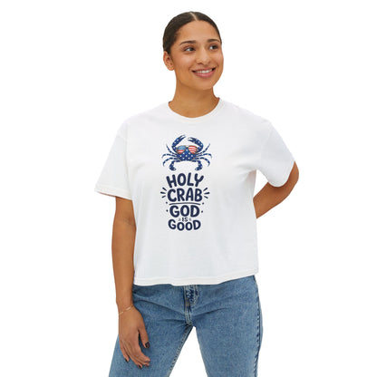Women’s Boxy Tee — ‘Holy Crab, God Is Good’ Nautical Christian Tee
