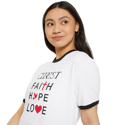Christian Ringer T-Shirt — 'CHRIST' Front / 'JESUS' Back Religious Tee