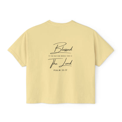 Blessed Tee — Women’s Boxy Christian T-Shirt with Flag Cross (Psalm 33:12)