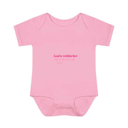 Infant Bodysuit – "God Is Within Her She Will Not Fall" Pink Cross Christian Baby Onesie